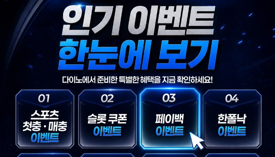 다이노 인기 이벤트 한눈에 보기 배너 (01 스포츠 첫충·매충, 02 슬롯 쿠폰, 03 페이백, 04 한폴낙 이벤트)