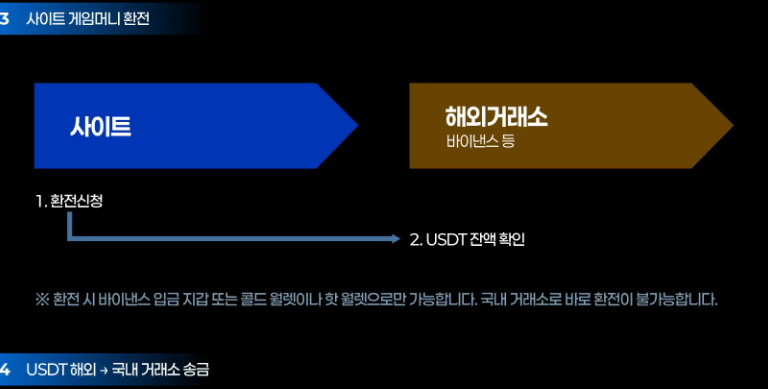 다이노 이용가이드 게임머니 환전 절차 도식 - 사이트에서 환전신청 후 해외거래소(바이낸스 등)로 USDT 전송, 잔액 확인, 국내거래소 직접 환전 불가 안내